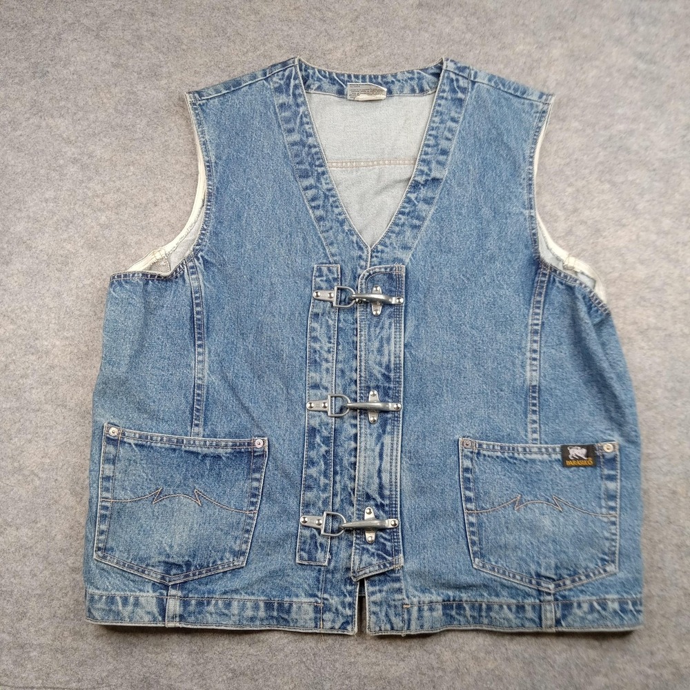 Parasuco Denim Vest Mens XL Blue Buckle Front Cotton Side Tabs Patch Pockets